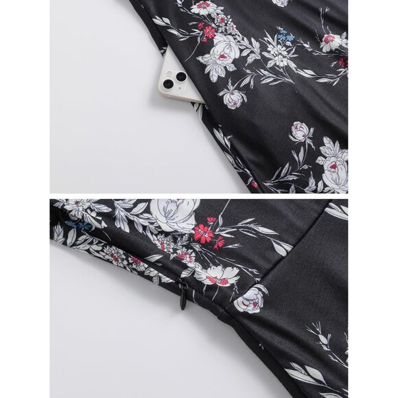 Women's Black White Elegant Knee Length Vintage A-Line Swing Dress with Pockets - Picture 5 of 5